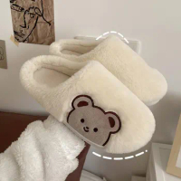 Cute Animal Fur Slipper For Women Men Fashion Kawaii Fluffy Winter Warm Slippers Cartoon Teddy Bear House Shoes