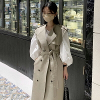 韓國chic法式翻領雙排扣系帶無袖風衣外套+簡約圓領燈籠袖連衣裙