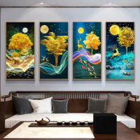 5d Diy Diamond Painting Large Picture Of Rhinestone Mosaic Nordic Abstract Landscape Golden Deer Money Tree Embroidery X536