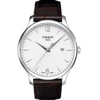 TISSOT 天梭 官方授權 Tradition 復刻大三針腕錶 母親節送禮推薦-白x咖啡色錶帶/42mm T0636101603700