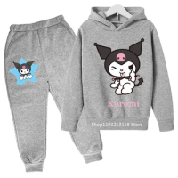 2024 Kuromi Cute Girls Fashion Boys Cotton Hooded Hoodie Set Anime Cartoon Cotton Kids Student Casual Top Outdoor Ages 4-14