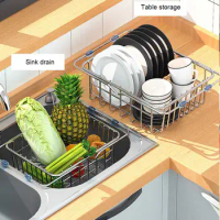 Telescopic Drain Basket Over The Sink Dish Drying Rack Stainless Steel Washing Drainer for Kitchen Gadgets Accessories 304