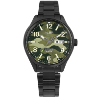 ALBA / 街頭迷彩風 機械錶 星期日期 防水100米 不鏽鋼手錶-迷彩綠x鍍黑/42mm