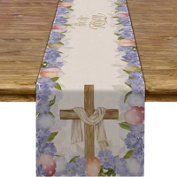 Linen He Is Risen Table Runner Holiday Party Decoration Easter Egg Jesus Ressurrection Cross Kitchen Dining Tbale Decor