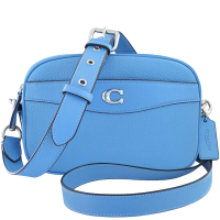 【COACH】專櫃款荔枝紋皮革斜背相機包(藍色)