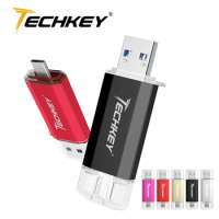 TECHKEY USB3.0 Type-C usb pen drive 3.0 64gb 32gb Custom logo флешка 16GB memory Stick 128gb Phones loptop pc Storage device