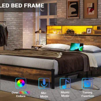 LED King Size Bed,Bed Frame with LED Lights,Industrial style Metal Platform Bed with Storage Headboard with Charging Station