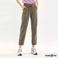 Hang Ten-女裝-JOGGER FIT棉麻鬆緊腰頭抽繩透氣貼袋休閑束口長褲-橄欖綠