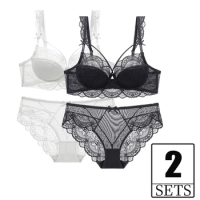 2 Piece Set Floral Embroidery Sexy Lingerie Thin Cotton Brassiere Women Underwear Set Lace Push Up Bra And Panties Big Cup C D E