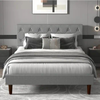 Queen Size Platform Bed Frame with Linen Upholstered Headboard, Strong Frame and Wooden Slats Support, No Box Spring Needed