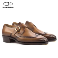 Uncle Saviano Brogue Single Monk Strap Shoes Men Fashion Handmade Luxury Designer Genuine Leather Office Formal Dress Men Shoes