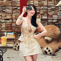 Hion Store - Set áo hoa thêu thắt nơ + chân váy kaki trắng size S M