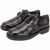 TOD’S 流蘇簍空壓花羊毛混紡千鳥格內襯釦式小牛皮樂福鞋(酒紅)