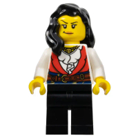 Brick2cube Minifigure - Pirate - Female, Black Legs, Red Vest over White Shirt, Black Hair - pi189