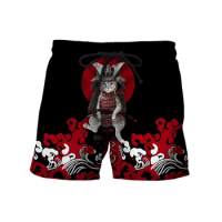 Funny Animal Samurai Cat Sports Shorts Men Beach Shorts 3D Printed Graphic Cool Swimsuit Pants Men's Shorts Harajuku Y2k Trunks