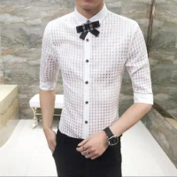New Summer Men's Personality Transparent Lattice 7 Seven-point Sleeve Shirt Male Hair Stylist Slim Handsome Bow Tie Shirts