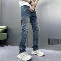 Blue retro biker's jeans for men2024new slim straight stretch casual patchwork pleated design long pants