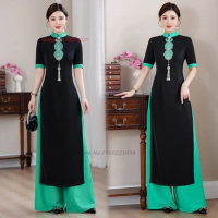 2024 traditional vietnam aodai dress+pants set flower embroidery dress ao dai vintage qipao dress elegant banquet party dress