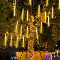 流星雨led燈太陽能彩燈串閃爍爆閃燈發光戶外掛樹上的燈帶瀑布燈