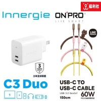 Innergie 台達電 C3 Duo (轉換版) 30W 快充頭 + ONPRO LINE FRIENDS 雙Type-C PD快充線 1.5M