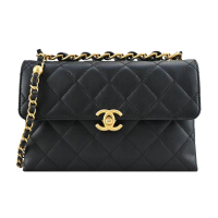 【CHANEL 香奈兒】Small Flap 經典菱格紋小牛皮鏈帶翻蓋斜背包(黑色)