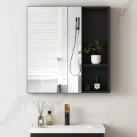 Wall Mounted Double Door Bathroom Mirror Cabinet Aluminum Storage Organizer 23.8 x 25 Inch