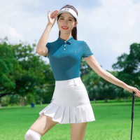 SSV Golf Apparel Blouse Skirt Set Korean Slim Short-sleeved Polo Shirt Women Golf Tops High-waist Skort with Inner Shorts