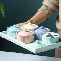 125ml Ceramic Soufflé Baking Bowl with Lid Dessert Pudding Cake Oven Microwave Egg Steam Cup Fruit Yogurt Baby Food Tableware