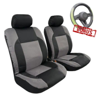 Waterproof Car Seat Covers &amp; Steering Wheel Cover For Mitsubishi Triton, Black Grey Canvas Universal Fit Airbag Compatible