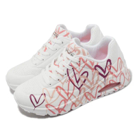 【SKECHERS】休閒鞋 Uno-Spread The Love 女鞋 白 粉紅 愛心 滿版 氣墊 聯名 皮革 小白鞋(155507-WCRL)