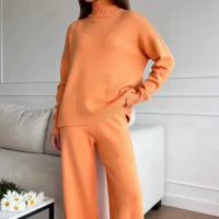 Winter Women's Knitted Pajama Set Long Sleeve Turtleneck Ladies Sleepwear 2 Pcs with Pants Solid Warm Pyjama Suit for Female
