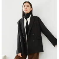 Vimly Black Women's Tailoring Blazer 2023 Winter New Office Lady Thick Quilted Jacket Straight Notched Wool Coat for Women M5667