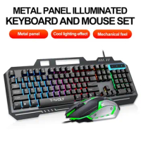 T-WOLF TF600 Gaming Keyboard and Mouse Set Metal Wired Illuminated Mechanical Feeling Keyboard Mouse Combos Gaming Pc