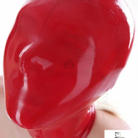 Latex Mask with Transparent Clear Face Rubber Headwear Hood Red Latex hood with micro perforations