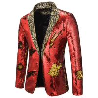 Shiny Red Gold Double-color Sequins Blazer Jacket Men Nightclub Prom Suit Blazer Men Blazer Masculino Stage Clothes for Singers