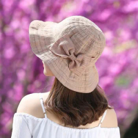 Women Bow Sun Hat With Wide Brim Foldable Removable Summer Sunscreen Anti UV Protection Fisherman Hat Lady Breathable Panama Hat