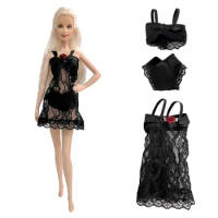 NK 3 Items/ Set Black Pajamas Clothing Sex Underwear Lingerie Bra Dress Lace Homewear Clothes for Barbie Doll Accessories