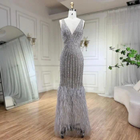 Wasisi Silver Dubai Luxury Feathers Mermaid Sexy Evening Dresses Sleeveless Sparkle Evening Gowns FLA60749
