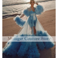 Light Blue Fluffy Tulle Maternity Dresses with Long Train Sweetheart Extra Puffy Tulle Maternity Robes Prom Gowns 2021