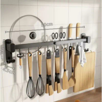 廚房用品多功能置物掛架(黑色50cm8鈎可放鍋蓋)(尺寸:50*10*4.5CM)