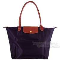 Longchamp紫色咖啡色皮飾邊長背帶折疊水餃包(大)
