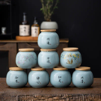 Hũ trà men xanh Thiều Cao Như Diêu, hũ trà gia dụng chống ẩm, hũ trà tiện mang đi bằng gốm sứ mini, 