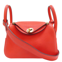 【二手名牌BRAND OFF】HERMES 愛馬仕 橘色 Taurillon Clemence牛皮 Mini Lindy Z刻 肩背包 金扣