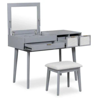 43.3" Classic Wood Makeup Vanity Set with Flip-top Mirror and Stool, Dressing Table with Three Drawers and storage space