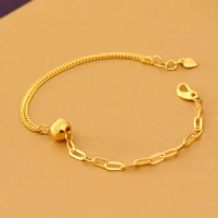 Pure 999 24K Yellow Gold Chain Women O Curb Bead Link Bracelet
