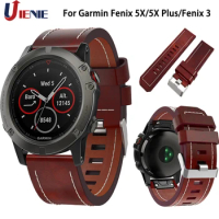 Leather Watchband Strap for Garmin Fenix 6X/5X/5X Plus/3/3HR Smart Watch Band 26mm Quick Fit Replace Wrist Bracelet for Fenix 5X