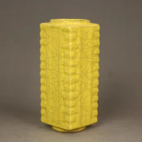 Chinese Song Chai Kiln Yellow Glaze Porcelain Square Shape Vase 6.90 inch