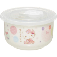 小禮堂 Hello Kitty 陶瓷微波保鮮碗 附蓋 陶瓷保鮮盒 便當盒 沙拉碗 200ml (粉白 和服) 4973307-520716