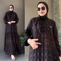 Gamis Set Hijab Rayon Motif Etnik Baju Lebaran Wanita Mewah