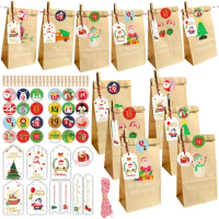 24pc/lot Christmas Treat Bags Kraft Gift Bags with Christmas Tags Xmas Paper Candy Goody Bags for Christmas Party Cookie bag